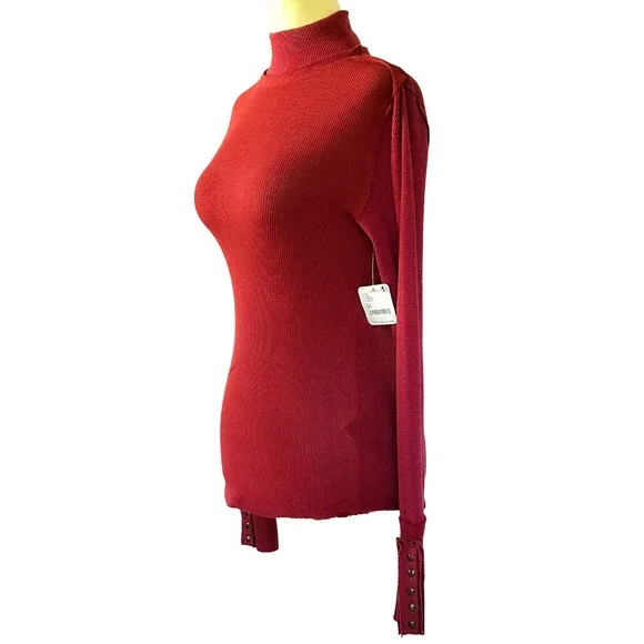 NEW Free People Jojo Mock Neck Long Sleeve Top Off Beat Wine Red Womens Size M - Picture 7 of 15